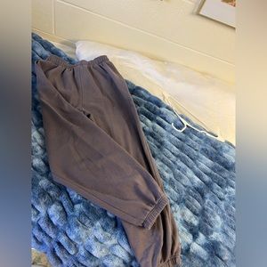 purple-gray sweatpants